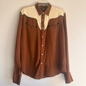 Men's Western Cowboy Shirt Brown Long Sleeve Pearl Snaps Embroidery Pockets L